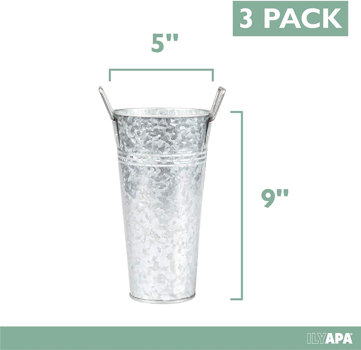 Galvanized Metal Flower Vase 3 Pack 9" Tall Rustic Farmhouse Bucket