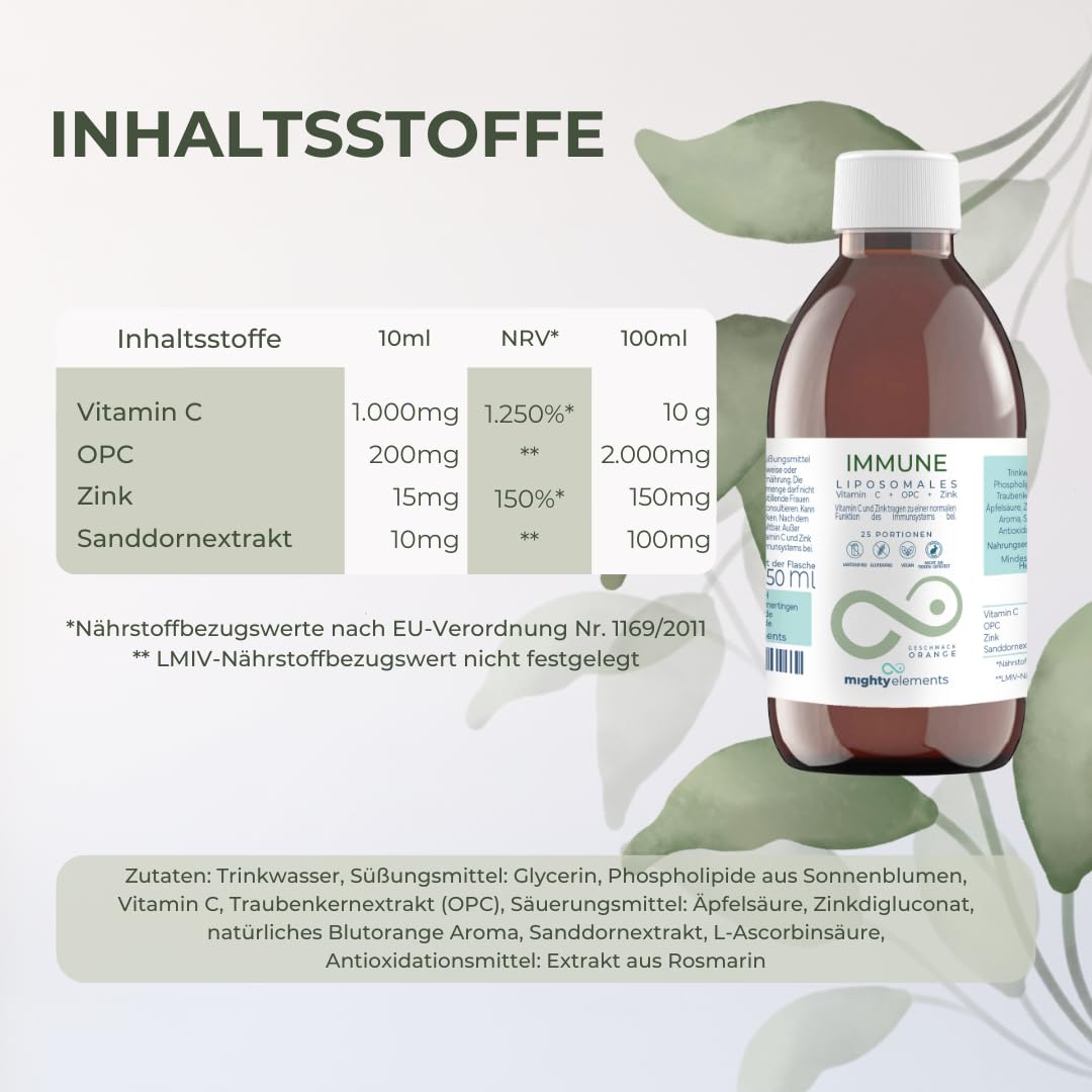 Mighty Elements 3 in 1 - Liposomales Vitamin C 1000 mg, Hochdosiert, Immunsystems, Zink 15 mg, OPC 200 mg, Höhere Bioverfügbarkeit, Orange Geschmack, Flüssig, Sanddorn