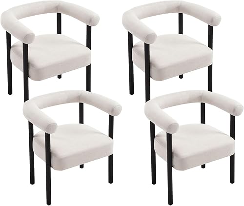 Miniatura 3 de Juego de 4 sillas de comedor de lino beige, sillas de cocina modernas tapizadas con respaldo curvado para comedor, sillas acento con patas de madera