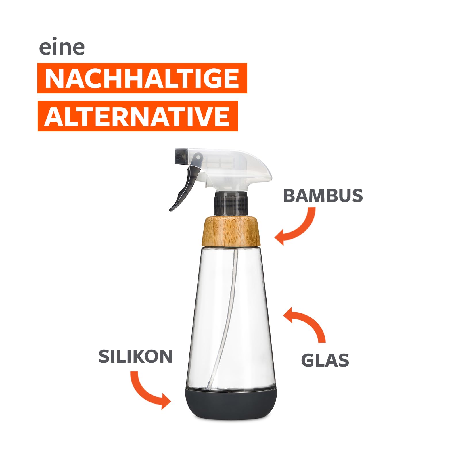 Full Circle Bottle Service Glas-Sprühflasche mit einstellbarem Zerstäuber für Putzmittel oder zur Pflanzenpflege - Wiederverwendbare Spühflasche mit Bambushals und Silikonbasis - 475ml