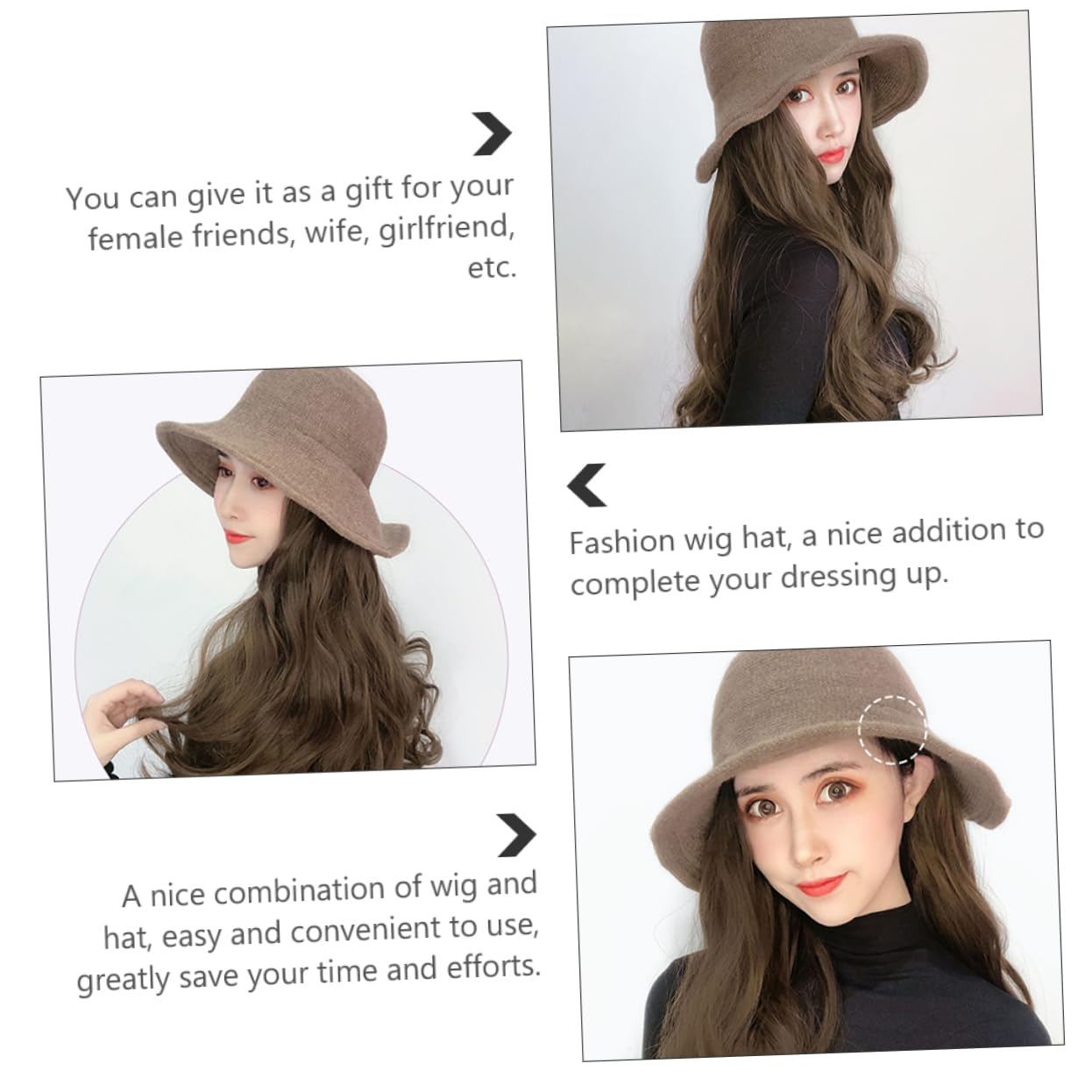 Sombrero de Peluca para Mujer Khaki, Tejido, Cabello Largo Ondulado