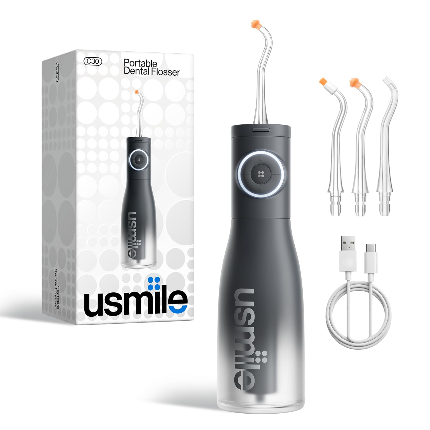 usmile C30 Cordless Water Flosser, 300ml Large Tank, 5 Pressure Levels Deep Clean, S-Shaped Nozzles for Braces & Sensitive Gums, USB-C Rechargeable, IPX7 Waterproof, Portable Travel & Home Use(Black)