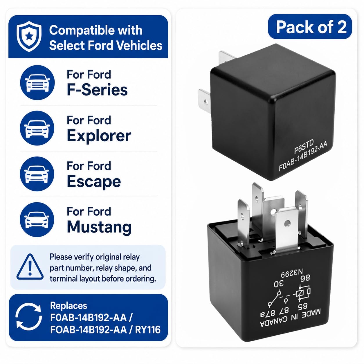 P6SDT FOAB-14B192-AA - Relé automotriz (paquete de 2) - 40 A, 12 VCC, 5 pines, repuesto OEM F0AB-14B192-AA para sistemas eléctricos Ford
