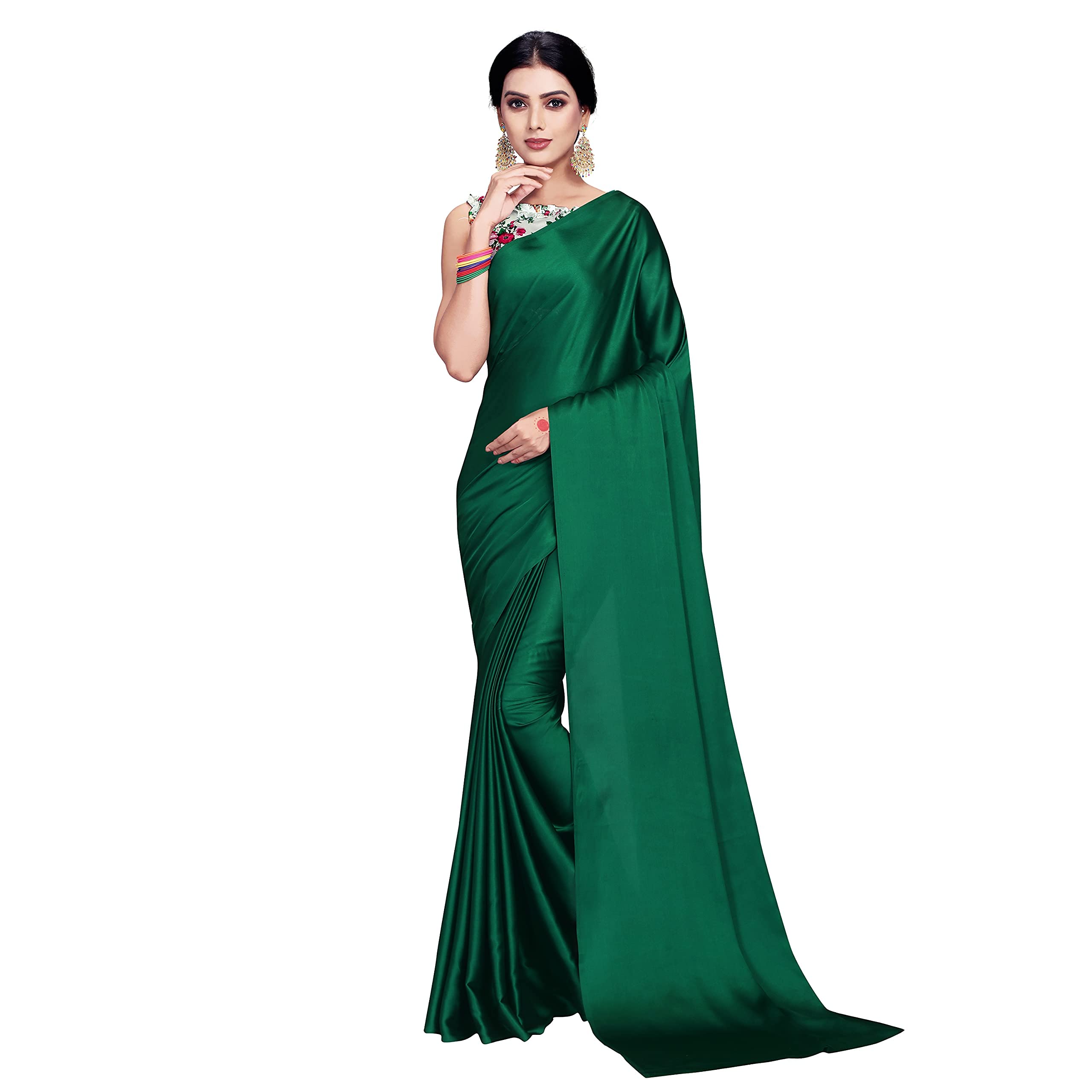 Kaugalian storeWomen's Solid Satin Silk Saree With Digital Printed Unstiched Blouse Piece.(Satin Silk Saree Of 5.5m Saree Length + 0.8m Blouse Piece)