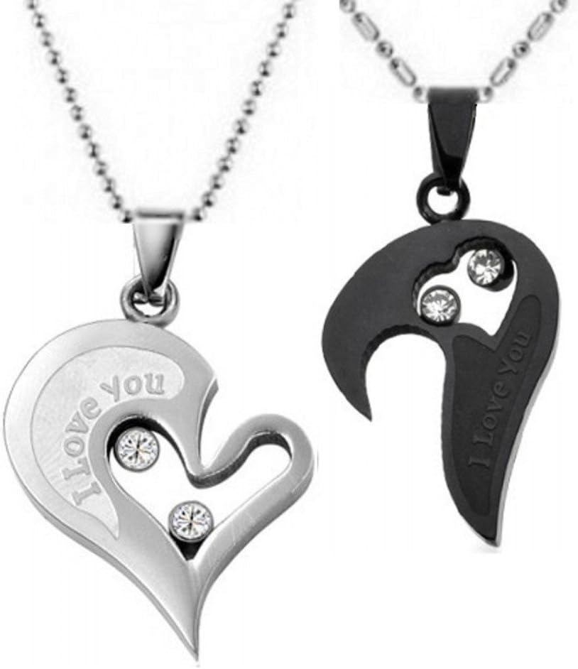 Couple Stainless Steel Necklace Sets I Love You Heart Shape Pendant (Black & Silver)