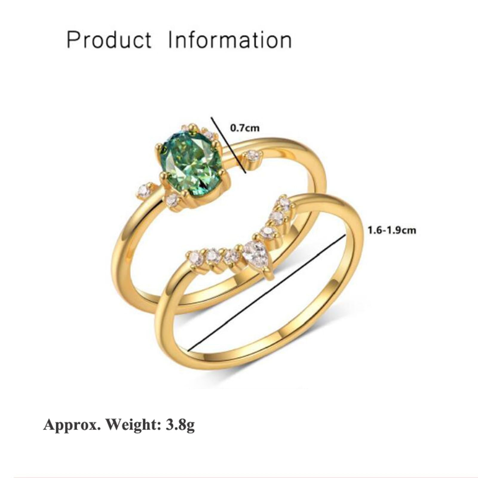 Set di anelli da donna in oro giallo 18 carati, in vero oro, moissanite verde, impilabile, anello a doppia fascia personalizzato