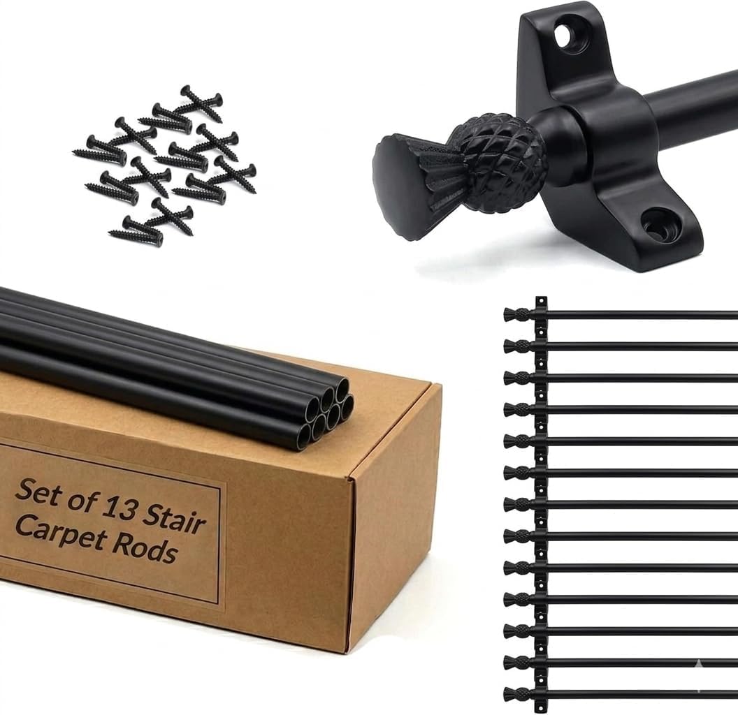 Set of 13 Stair Carpet Rods 70cm Wrought Iron, Decorative Stair Rods with Thistle Finials, Carpet Runner Rods with Brackets & Fixings for Stairs (Wrought Iron)