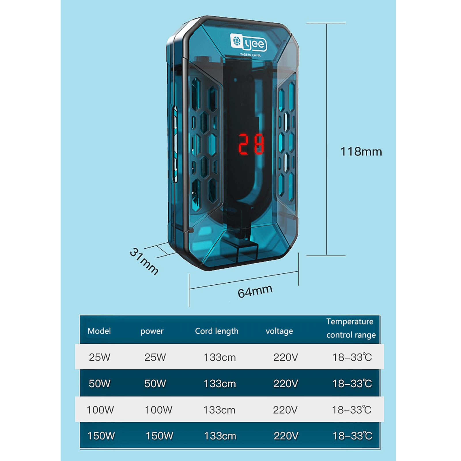 Asta riscaldante per Tartarughe Riscaldatore per Acquario Termostato Automatico Basso Livello dell'Acqua Controllo remoto della Temperatura Adatto, 25 W (150 W)