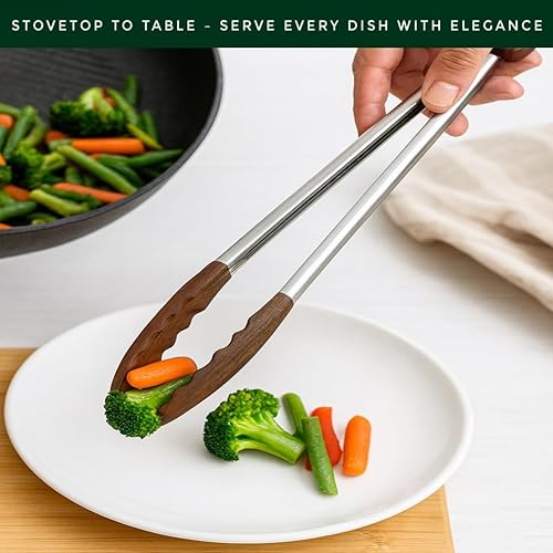 Miniatura 6 de Pinzas de cocina de madera de nogal  Pinzas de madera antiadherentes seguras para ensalada y parrilla de 12 pulgadas para cocinar, servir, asar y