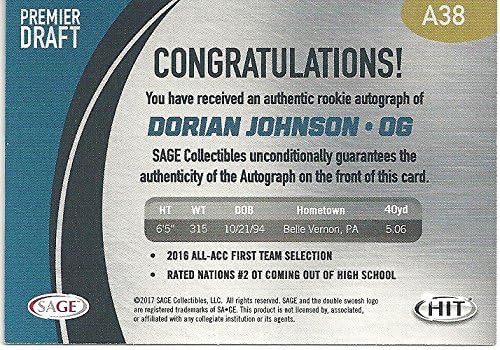 Dorian Johnson "Rookie Autograph - Premier Draft" Autograph Football Card - 2017 Sage Hit Football Card #A38 (University of Pittsburgh) Free Shipping