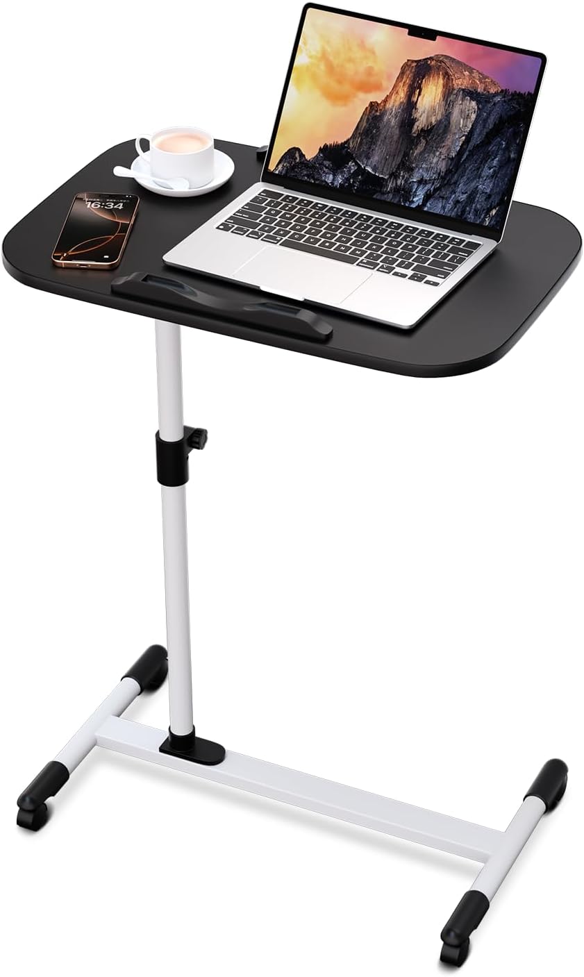 Magshion Tilt Overbed Bedside Table with Wheels, Rolling Laptop Desk w/Height Adjustment from 24" to 36", Sit to Stand Up, Mobile Standing Desk for Hospital Home Office, White Frame