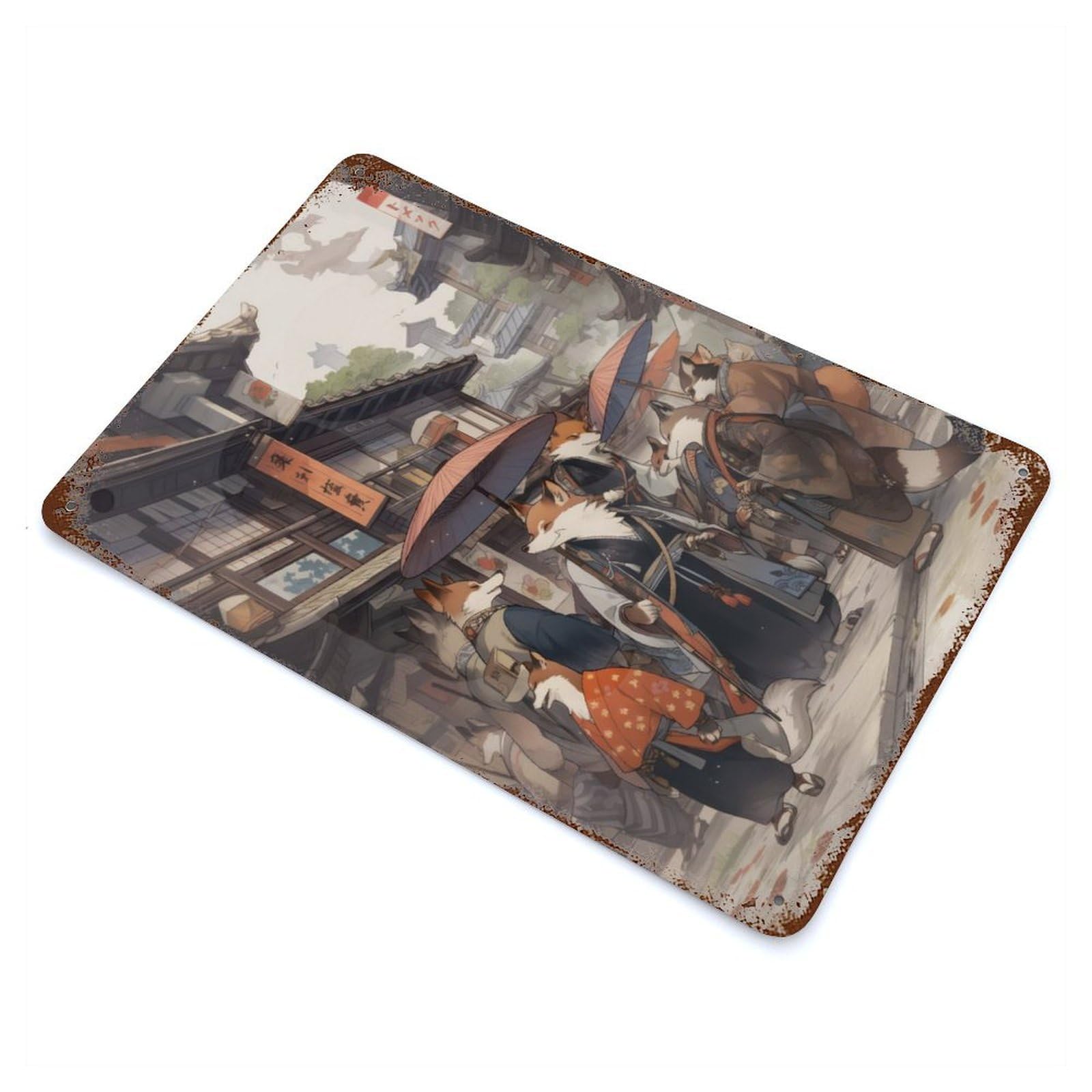 Rust Effect Tin Sign with Edo Fox Village Design 11.8"x7.9", for Pub, Kitchen And Man Cave Decor, Industrial Home Decor