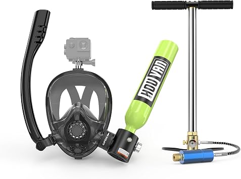 Mini Scuba Tank with Snorkel Mask 0.5L Inflatable Diving Tank with Full Face Diving Mask Pony Bottle Backup Diving Air Tank Suit for Recreational Snorkeling Shallow Diving