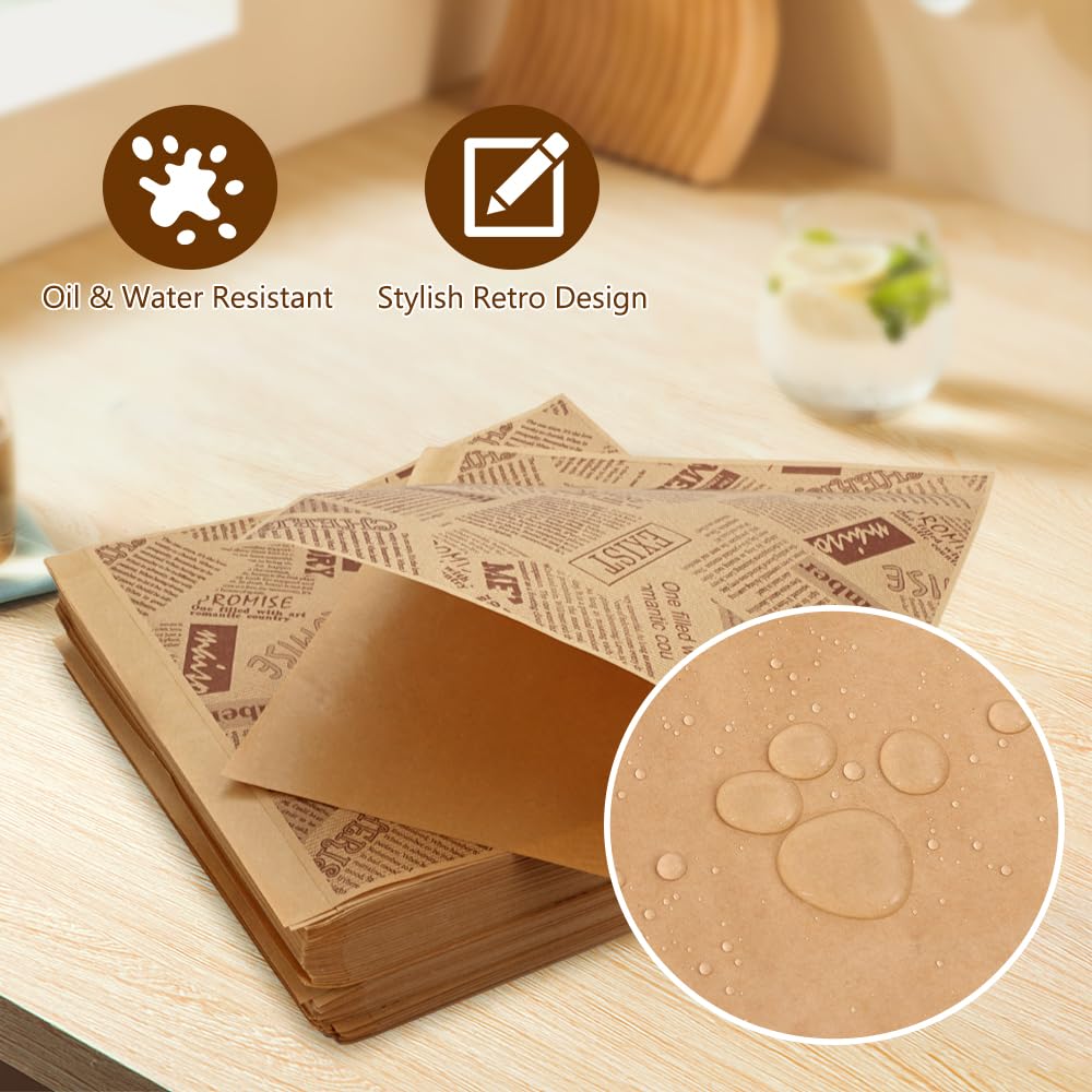 200 Stück Burger Tüten Deli Papierblätter 15x15cm, Snacktaschen Papier, Dönertüten, Speisetüten, Pommestüten papier für Korb Snacktaschen, Burger Sandwich Wrap für Burger Sandwich Pommes Frites