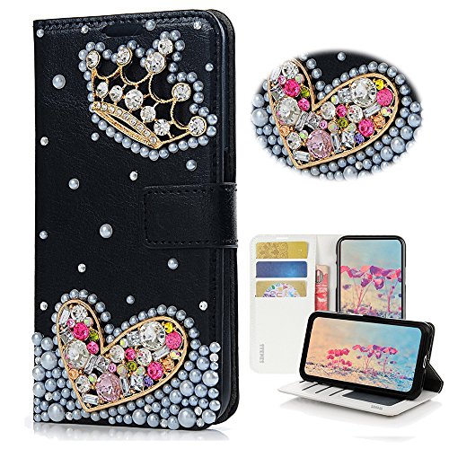 STENES Bling Case Compatible with LG Phoenix Plus Case - 3D Handmade Crystal Crown Heart Wallet Credit Card Slots Fold Stand Leather Cover - Black