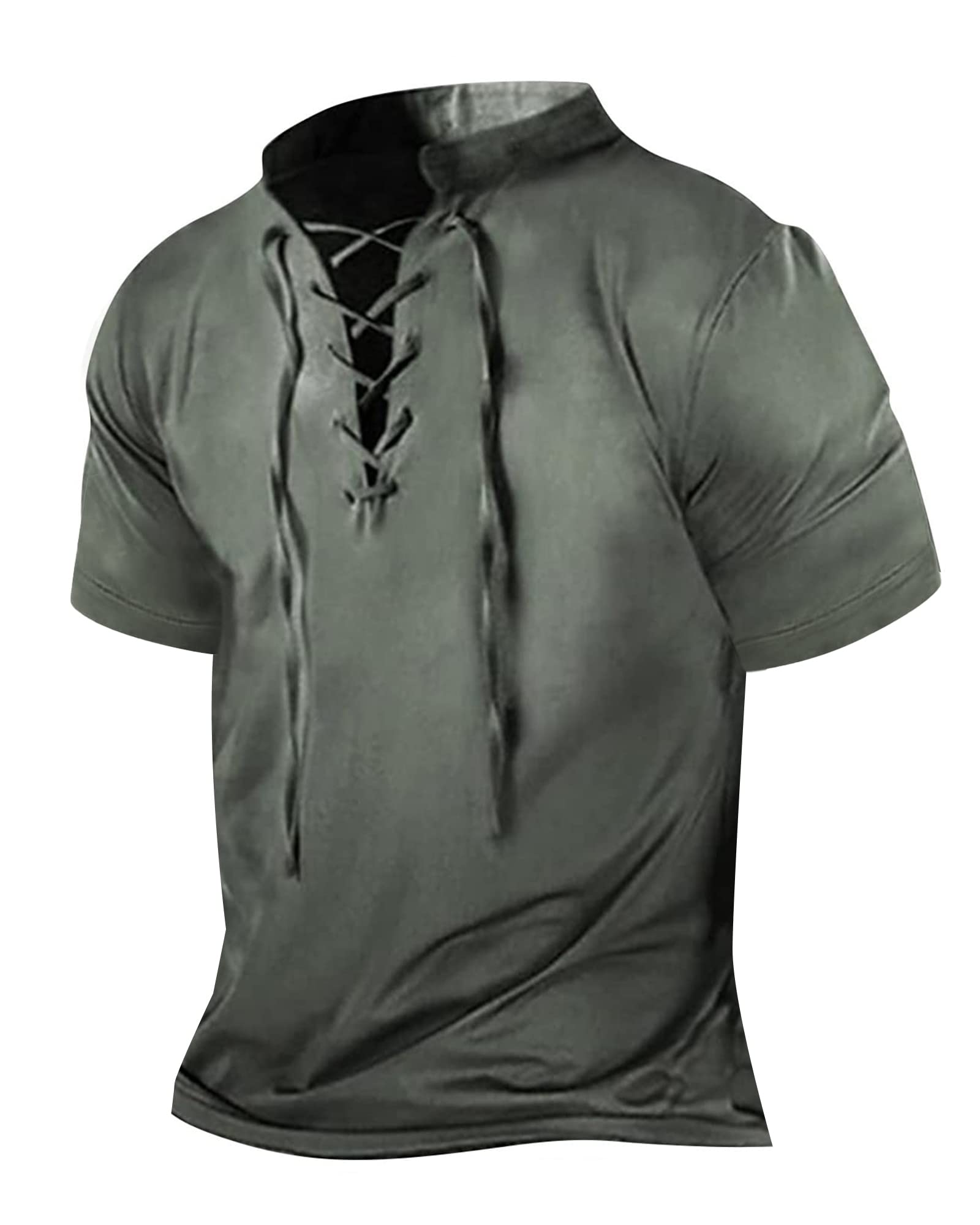 BeotyshowMens Distressed Henley Shirts Lace Up Short Sleeve Pirate Shirts V Neck Casual Cotton for Beach Renaissance Viking