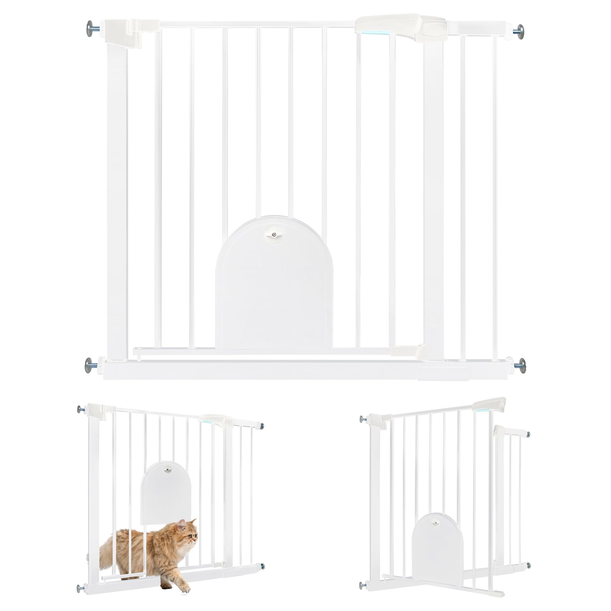 UISEBRT Treppenschutzgitter Türschutzgitter Ohne Bohren Treppengitter mit Katzentür Haustiertür, für Breiten 85-95 cm, Selbstschließend, Einhändiges Öffnen Metall Gitter, Weiß