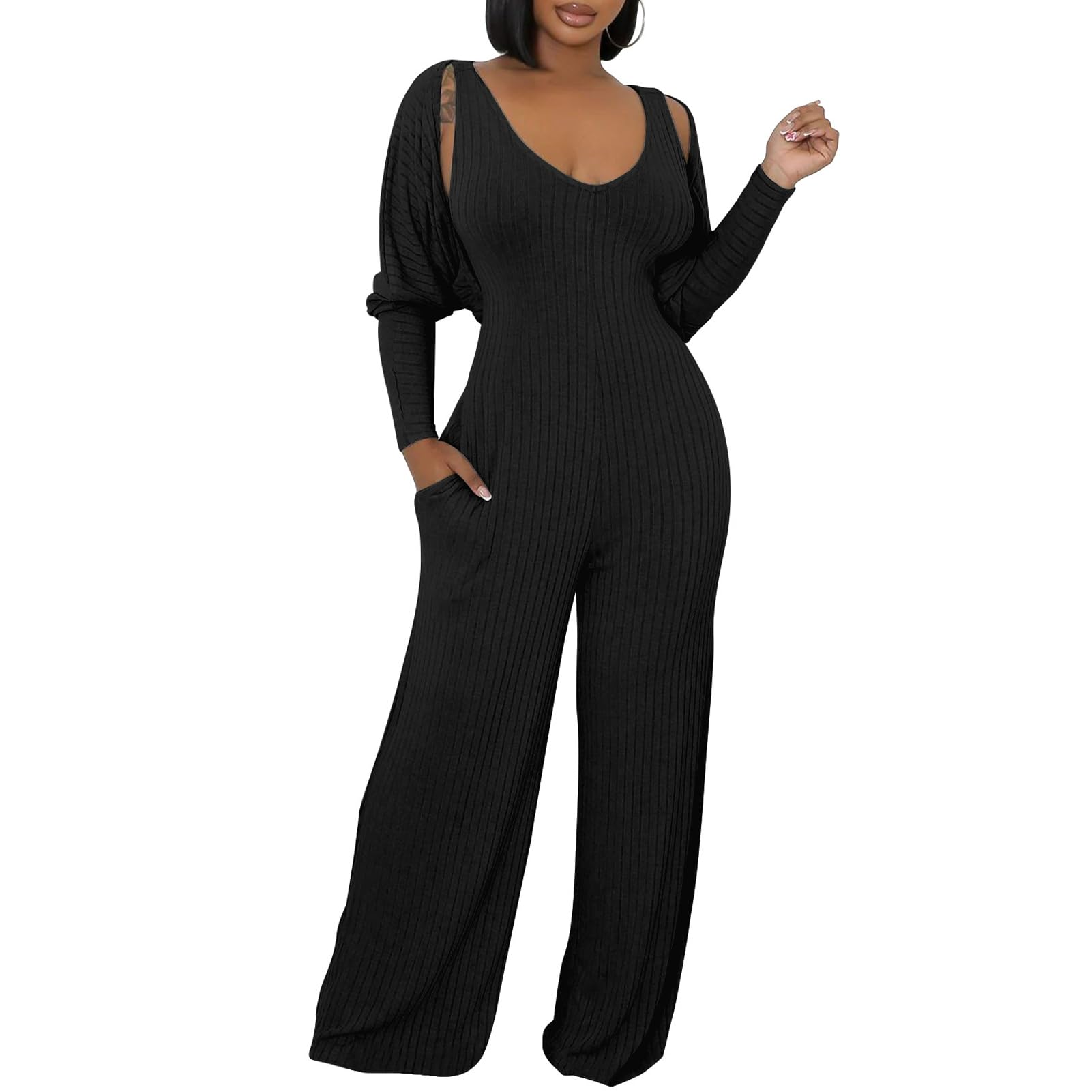 ECHOINE Womens V Neck Wide Leg Jumpsuits with Pockets Ribbed Long Sleeve Coat Pants 2 Piece Sets Outfits