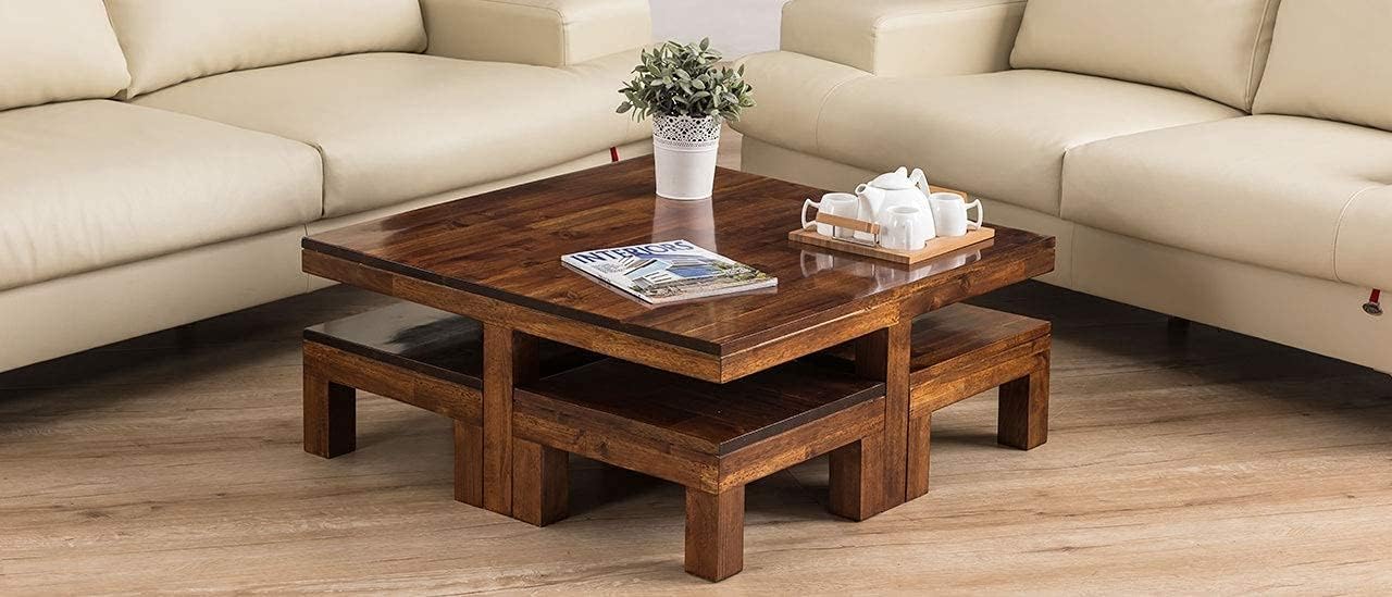Genuine Decor Solid Rosewood Wood Coffee Table Living Room with 4 Stools New CNC Design Center Table | Hotel | Lounge | (GD05)