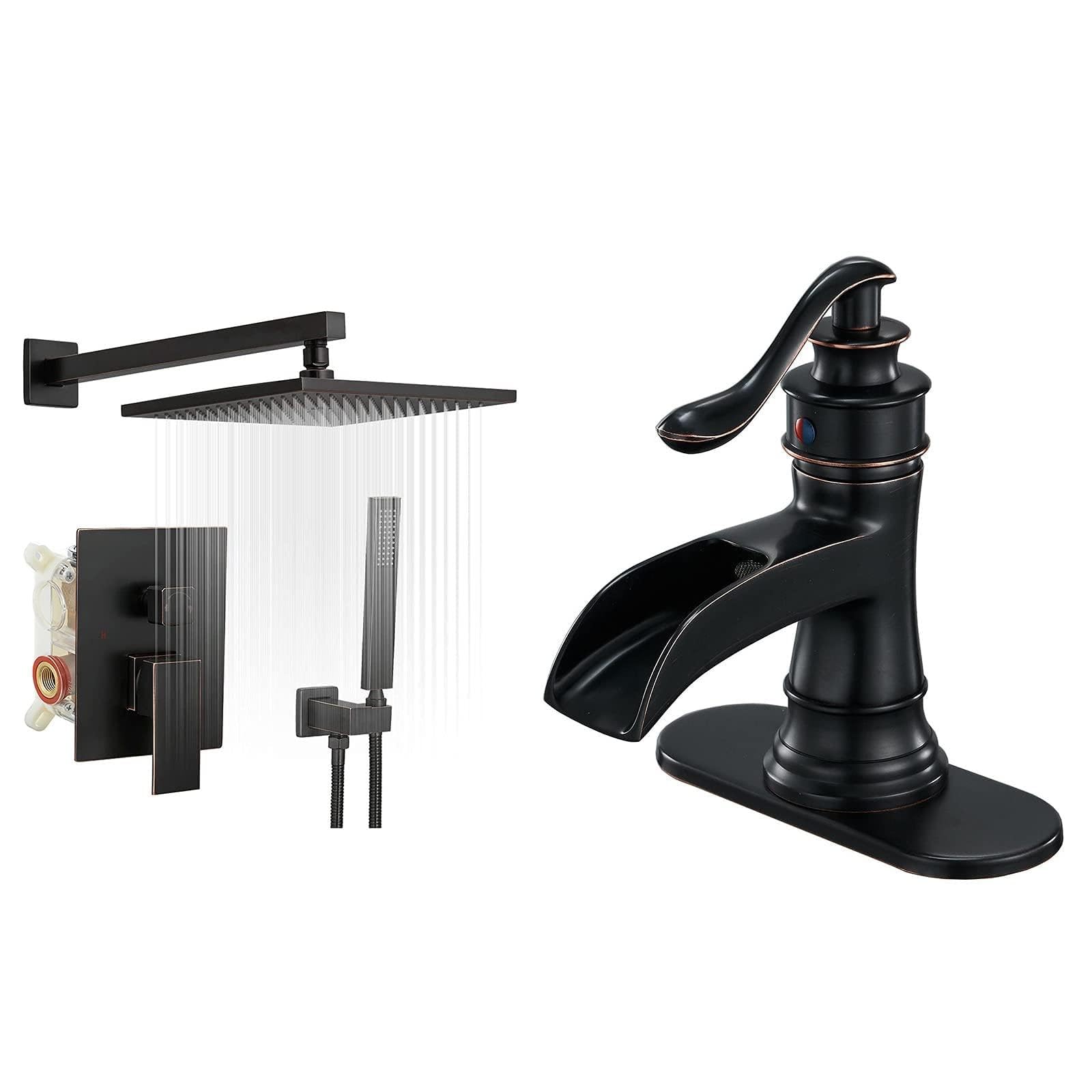Sxithgkdw Bronze Oil Rubbed Bathroom Faucet And Pop Up Drain With Overflow Bundle Shower System Rainfall Shower Head 10 Inch With Handheld Spray Mixer Wall Mounted Bathroom