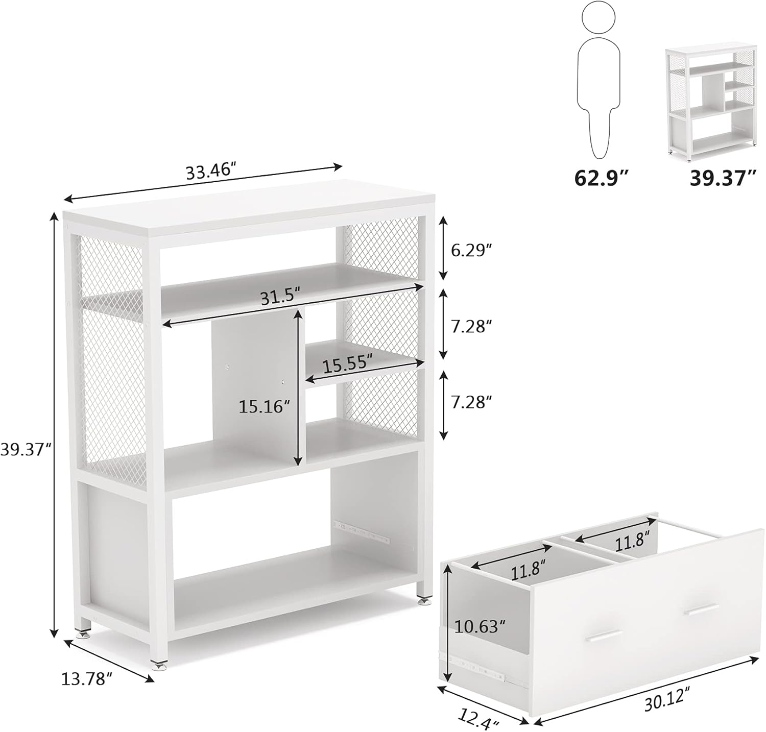 Tribesigns Wood Lateral File Cabinet with Drawer for Letter Size, Large Modern Filing Cabinet Printer Stand with Metal Wire Open Storage Shelves for Home Office (White) : Office Products