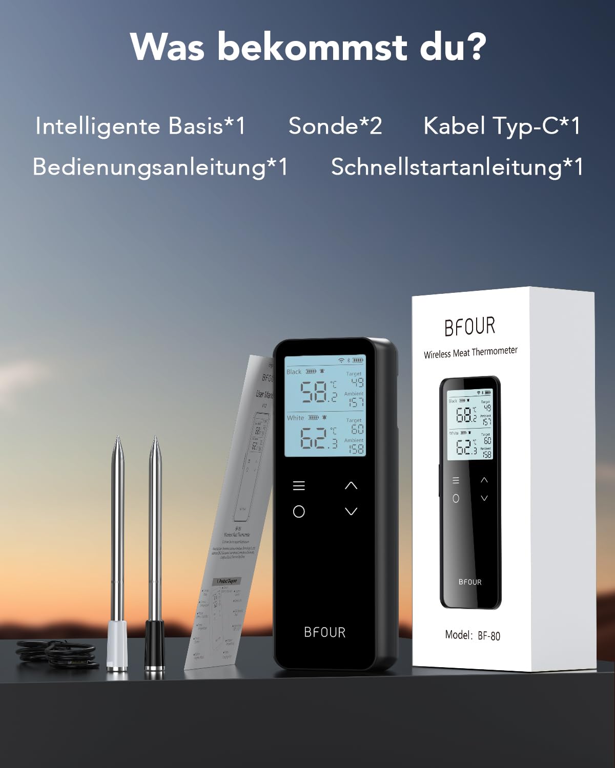 BFOUR BF-80 Fleischthermometer kabellos, WLAN & Bluetooth Grillthermometer, 2 Sonden, WLAN unbegrenzte Reichweite, IP67 wasserdicht, APP-Steuerung, Bratenthermometer für BBQ, Backofen, Grill