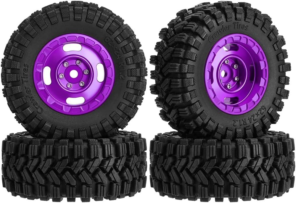 Aluminum 1.2 Wheel and Tires 62 * 24mm Soft Sticky Rubber Tires for 1/18 1/24 Axial SCX24 TRX4M FCX24 RC Crawler Car Upgrade Accessories (Purple)