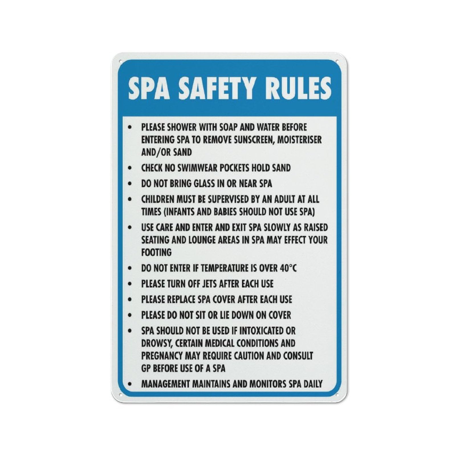 Spa Rules Sign - Aluminum 12"x8", Weatherproof & Resistant, Indoor/Outdoor Use
