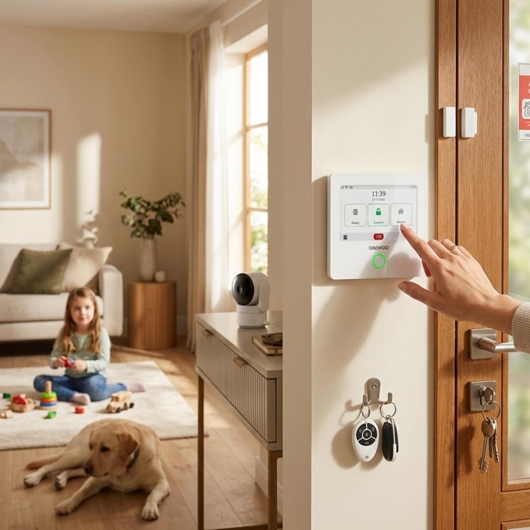 Alarma para casa conectada sin suscripción – Daewoo Security Smart Protect Safety Essential con cámaras HD, Sirena Solar, Detector de Humo y 4 contactores de Puerta – Compatible con Alexa & Google