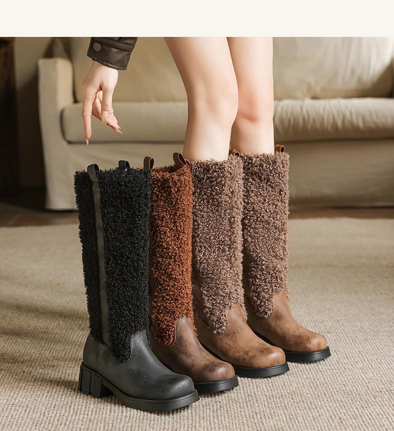 SACFOF Women's Mid Calf Boots Winter Platform Chunky Anti-Slip Western Cowboy Boots Round Toe Cowgirl Snow Boots