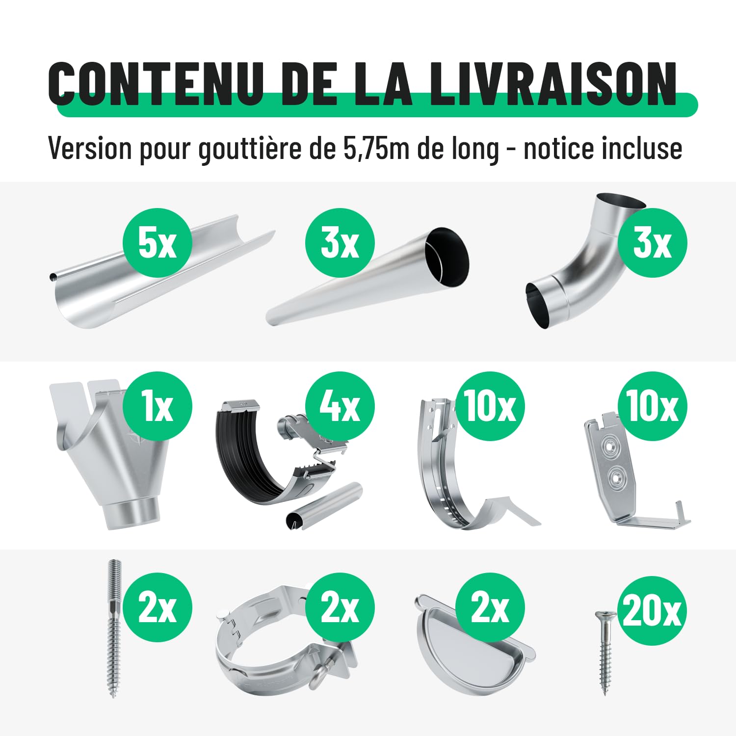 greate Kit gouttière PVC 5,75m avec descente, galvanisé | notice montage incl. - 280 Gouttière zinc pour abri de jardin, carport etc. - facile