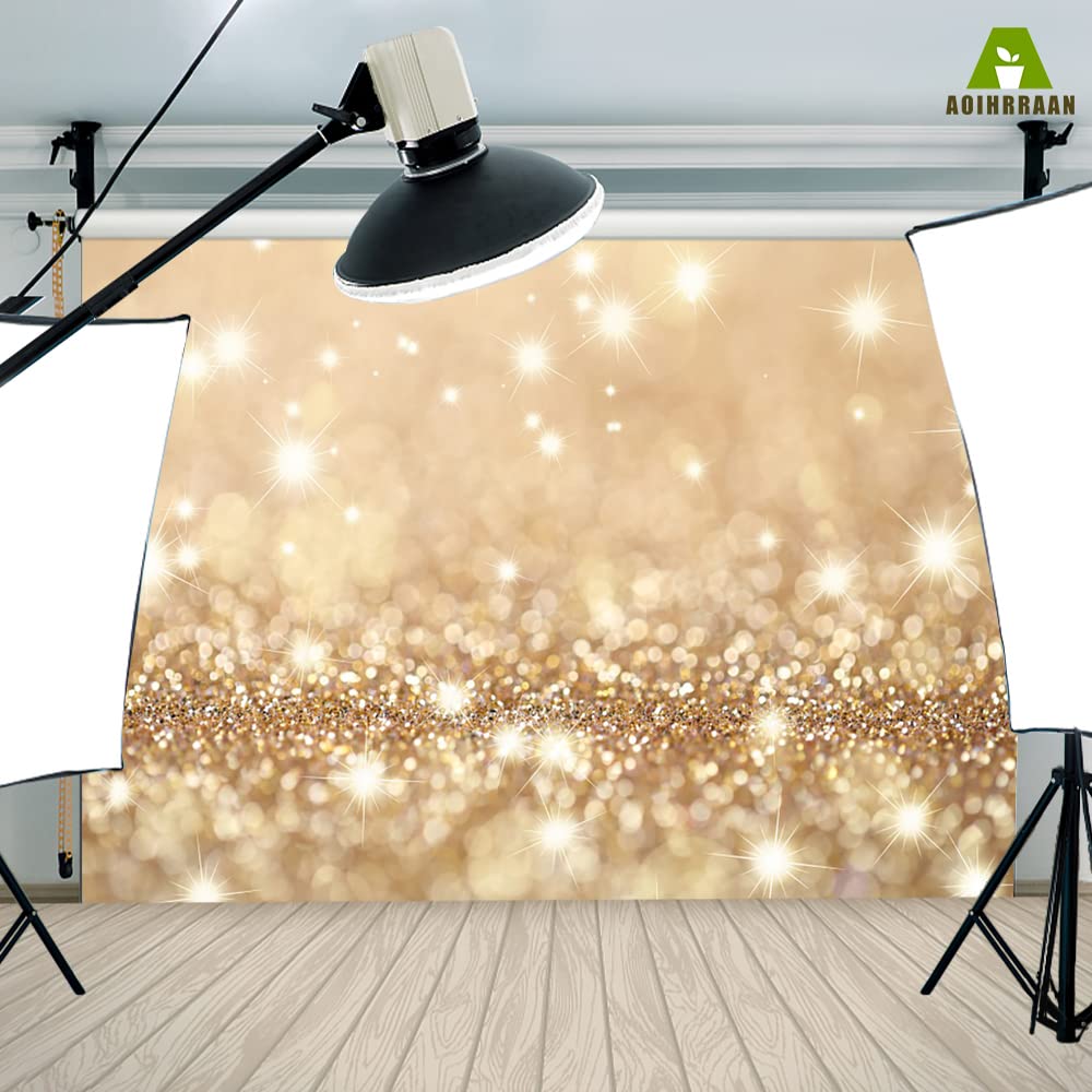 Aoihrraan 3x2m Doré Bokeh Toile De Fond Abstrait Doré Scintillant Lumières Floues Halos Scintillant Paillettes Photographie Fond Nouveau-Né Bébé Shower Anniversaire Fête Mariage Photo Accessoire