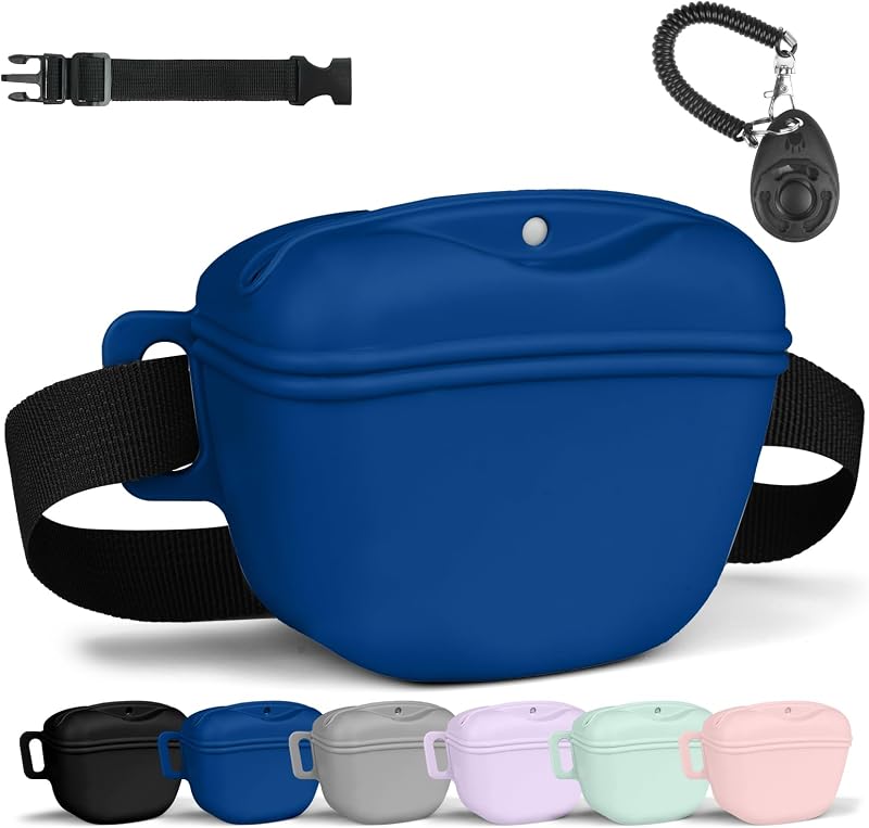 AOMIG Dog Treat Pouch with Training Clicker, 1.67 Cup Silicone Dog Treat Bag with Stronger Magnetic Closure, Portable Pouches for Pet Training Walking Premium Fanny Pack with Waist Belt(Dark Blue) | Silicone Bag Treats, Training, Portable, Dark Blue