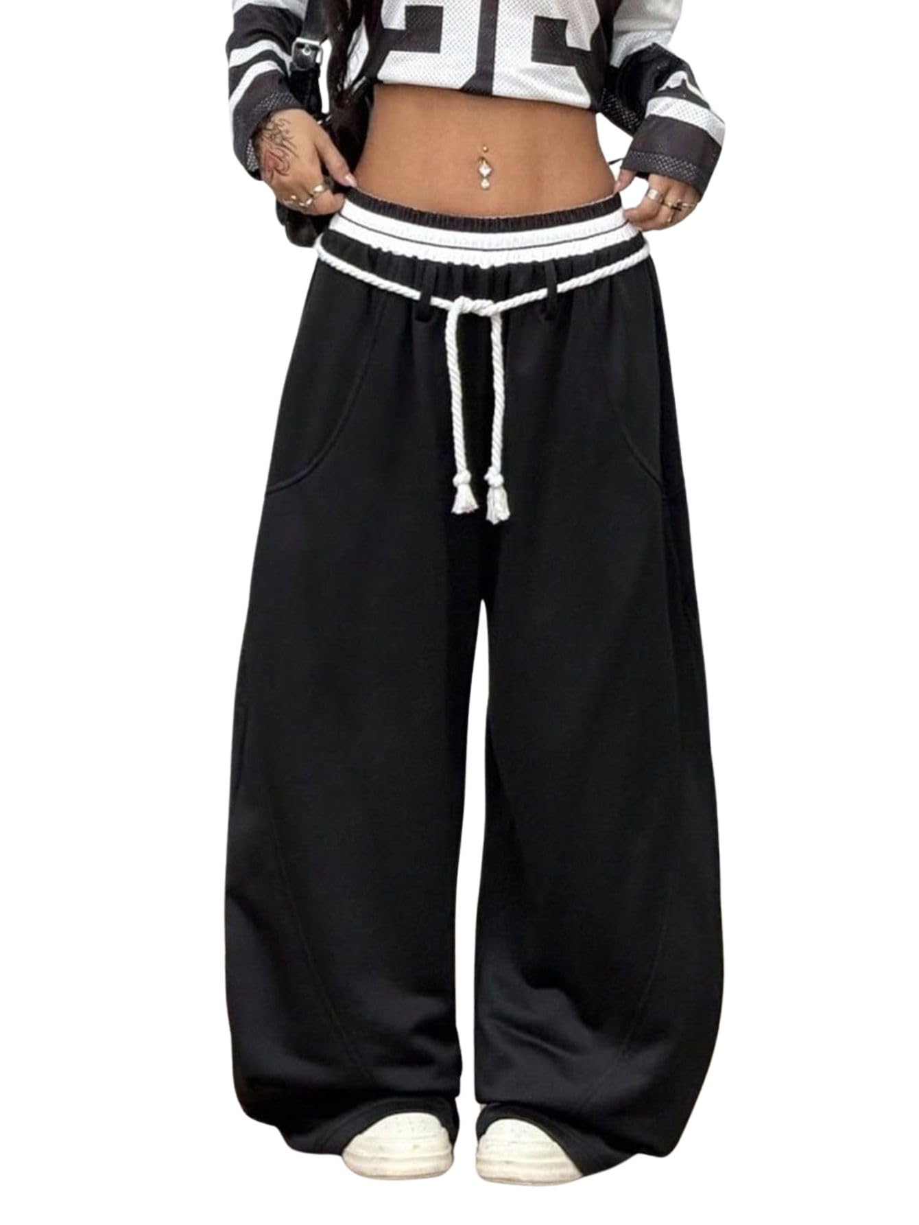 Verdusa Womens Baggy Pants Color Block Wide Leg Sweatpants Loose Trousers Streetwear