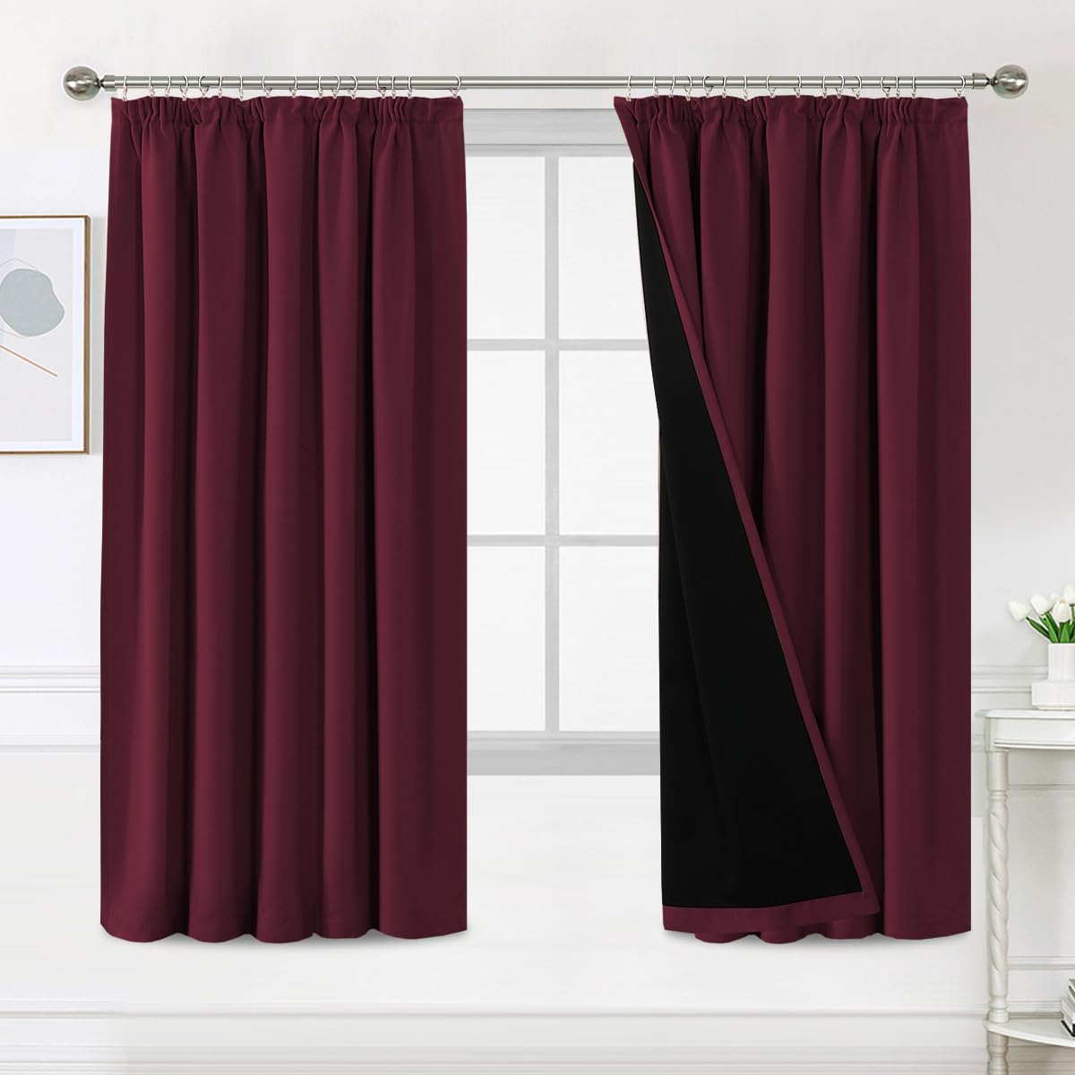 Bellahills Burgundy 100% Blackout Curtains For Bedroom Thermal Insulated Curtains & Drapes Blackout Curtains Pencil Pleat Curtains For Living Room With Black Liner 2 Panels Set, 66 X 72 Inch,