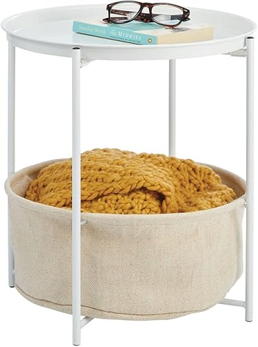 mDesign Mesita de noche de almacenamiento para mesa auxiliar, marco de acero resistente, cesta extraíble tejida de jacinto de agua, mueble para sala