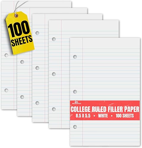 1InTheOffice Papel de relleno con rayas universitarias de 5.5 x 8.5 pulgadas, color blanco, 100 hojaspaquete