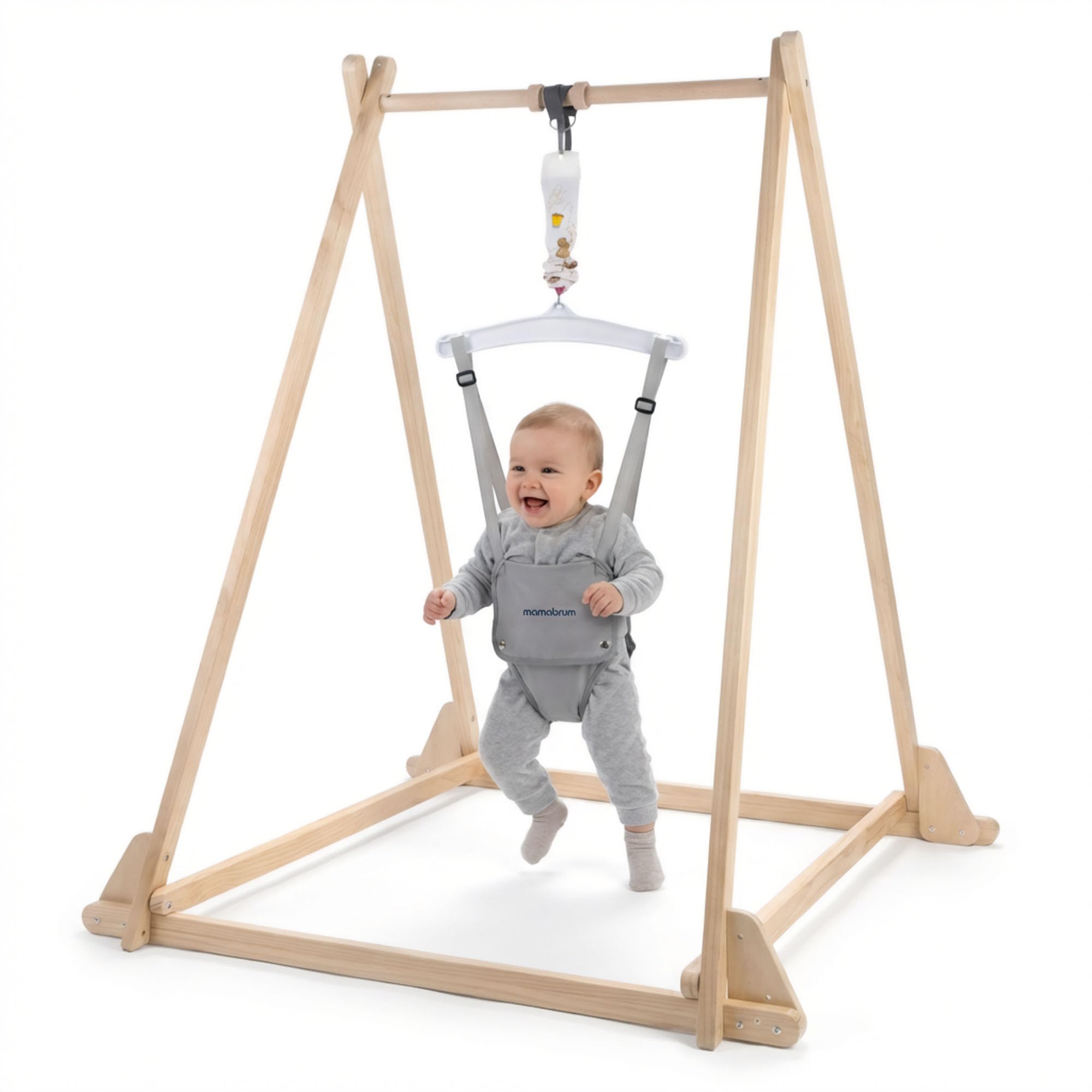 Mamabrum Sauteur Bébé en Bois avec Siège Réglable et Structure Pliable, Cadre en Bois, Double Fermeture de Sécurité, Gris, pour Enfants de 6 à 30 Mois