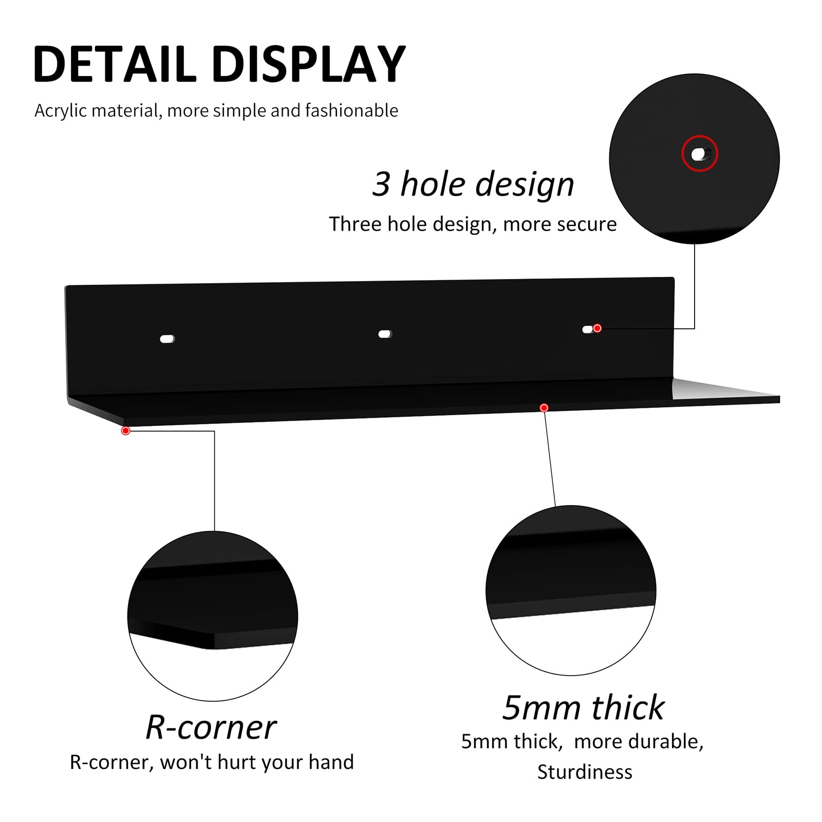 Sezanrpt 2 Pack Acrylic Wall Shelves 17 Inches, Black L Shape Floating Shelf, Acrylic Corner Shelf - Image 4