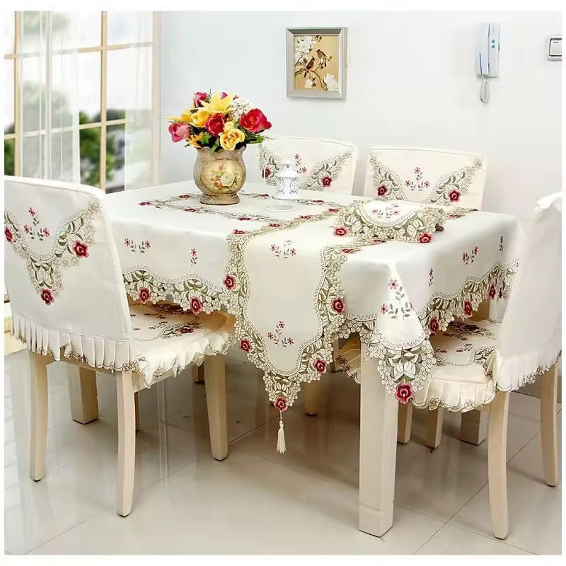 MONKDECOR 6 Seater Dining Table Cover with Table Runner Set – Embroidered Floral Lace Cutwork Table Cloth, Decorative Dining Table Linen for Home & Kitchen, Size: 60 x 90 inch, Design2-image-28
