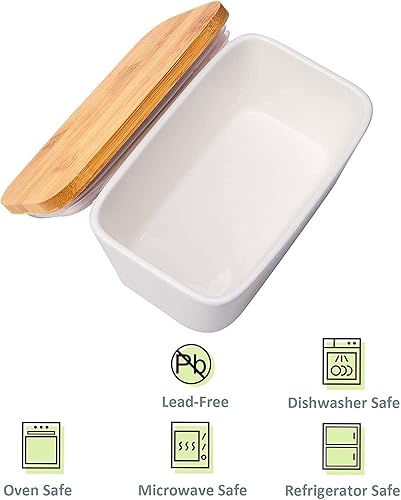 Miniatura 5 de Mantequillera con tapa, grande de porcelana de 22.0 fl oz con tapa de bambú para 2 barras de mantequilla, apto para microondas, contenedor de