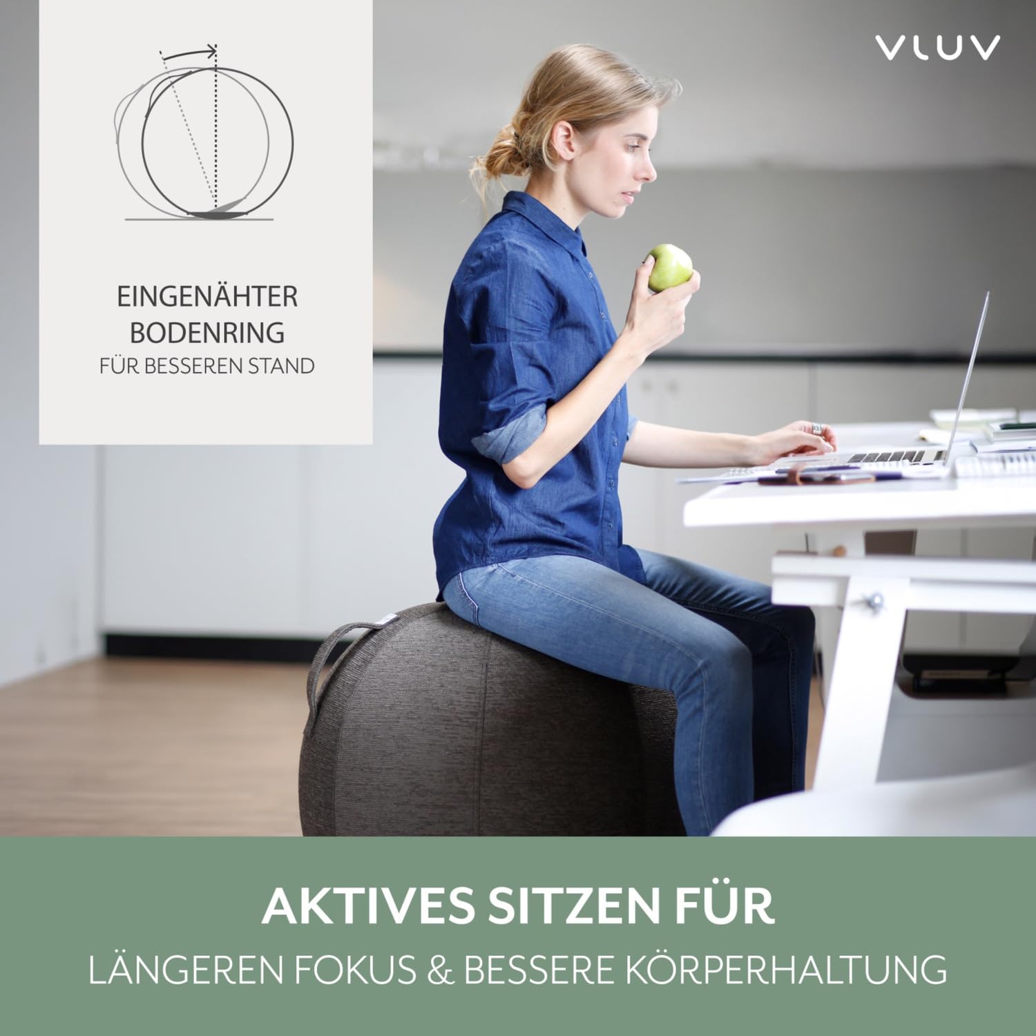 Ballon-siège VLUV STOV, siège ergonomique pour le bureau et la maison, couleur: Anthracite (gris foncé), Ø 60cm - 65cm, Tissu d’ameublement de qualité supérieure, robuste et indéformable avec une poignée de transport