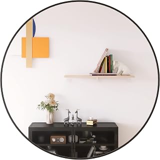 LFT HUIMEI2Y Wall Circle Mirror Large Round 28Inch Black Metal Frame Wall Mounted Circle Mirror for Bathroom, Living Room, Dining Room, Make Up Vanity Mirror, Entryway Mirror