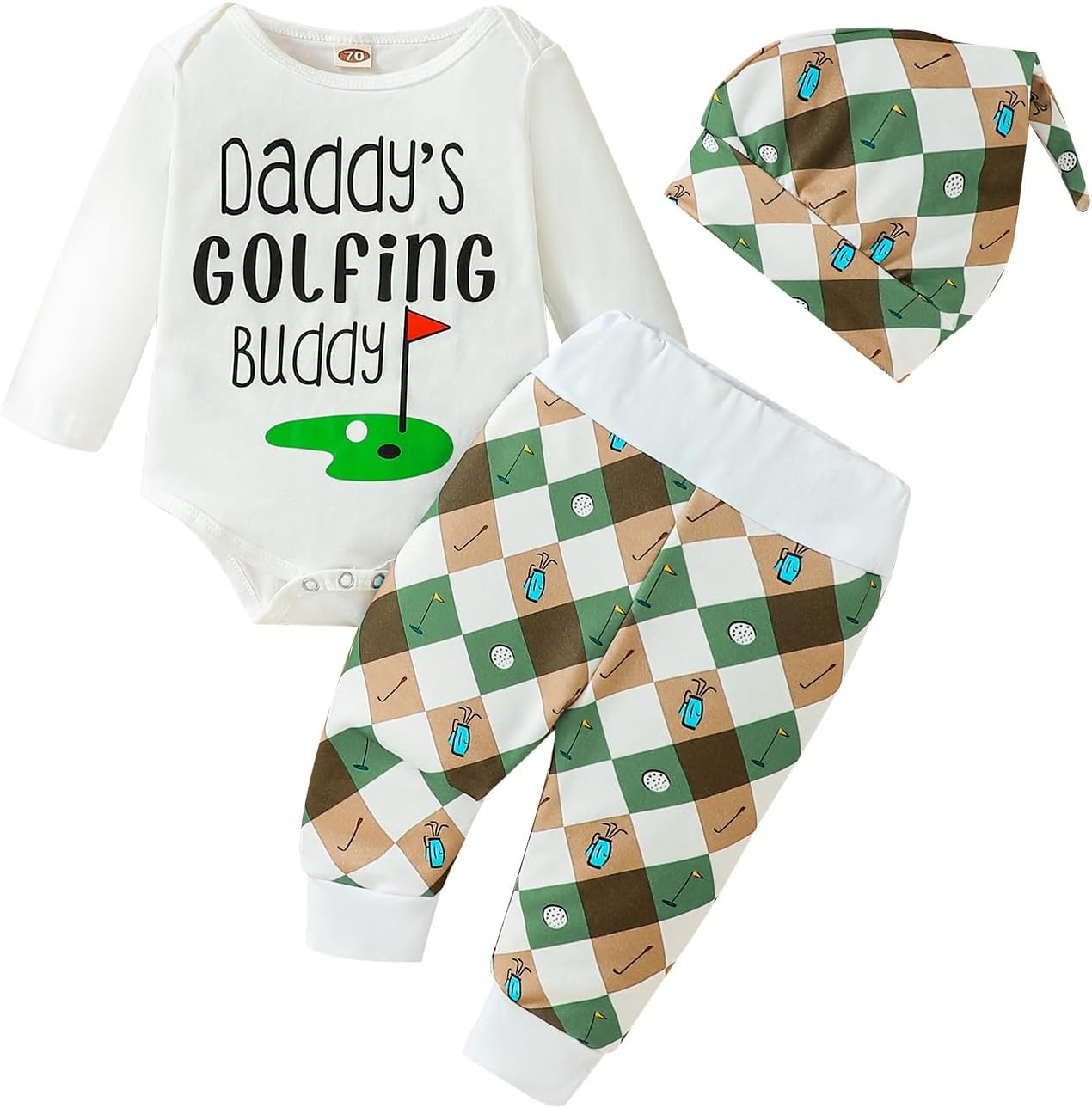 3Pcs Baby Boy Girl Golf Outfit Set Long Sleeve Daddy Golfing Bunny Romper Jogger Pants Hat Newborn Coming Home Outfit