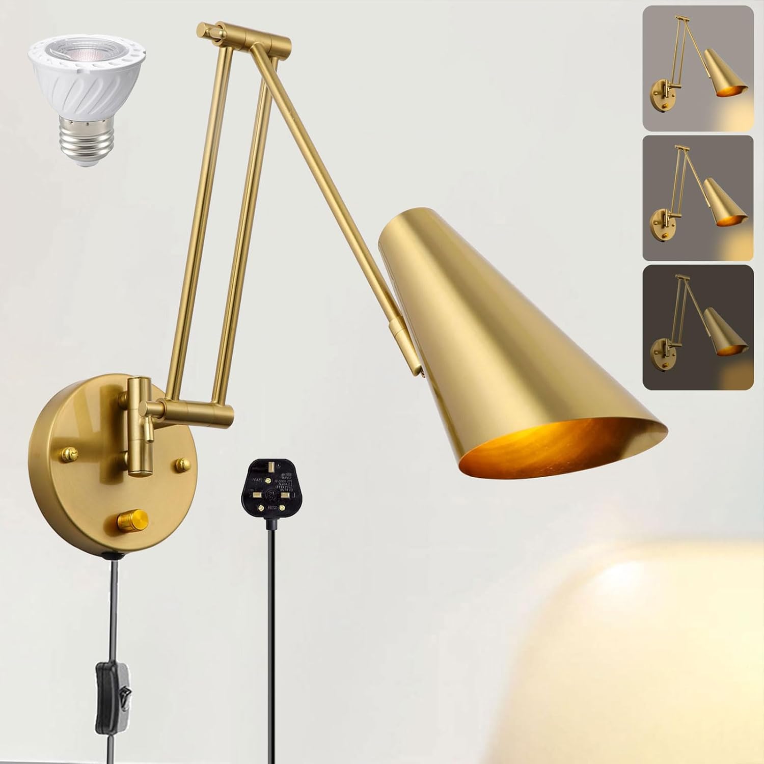 Dimmable Plug in Wall Lights for Bedroom, Industrial Adjustable Swing