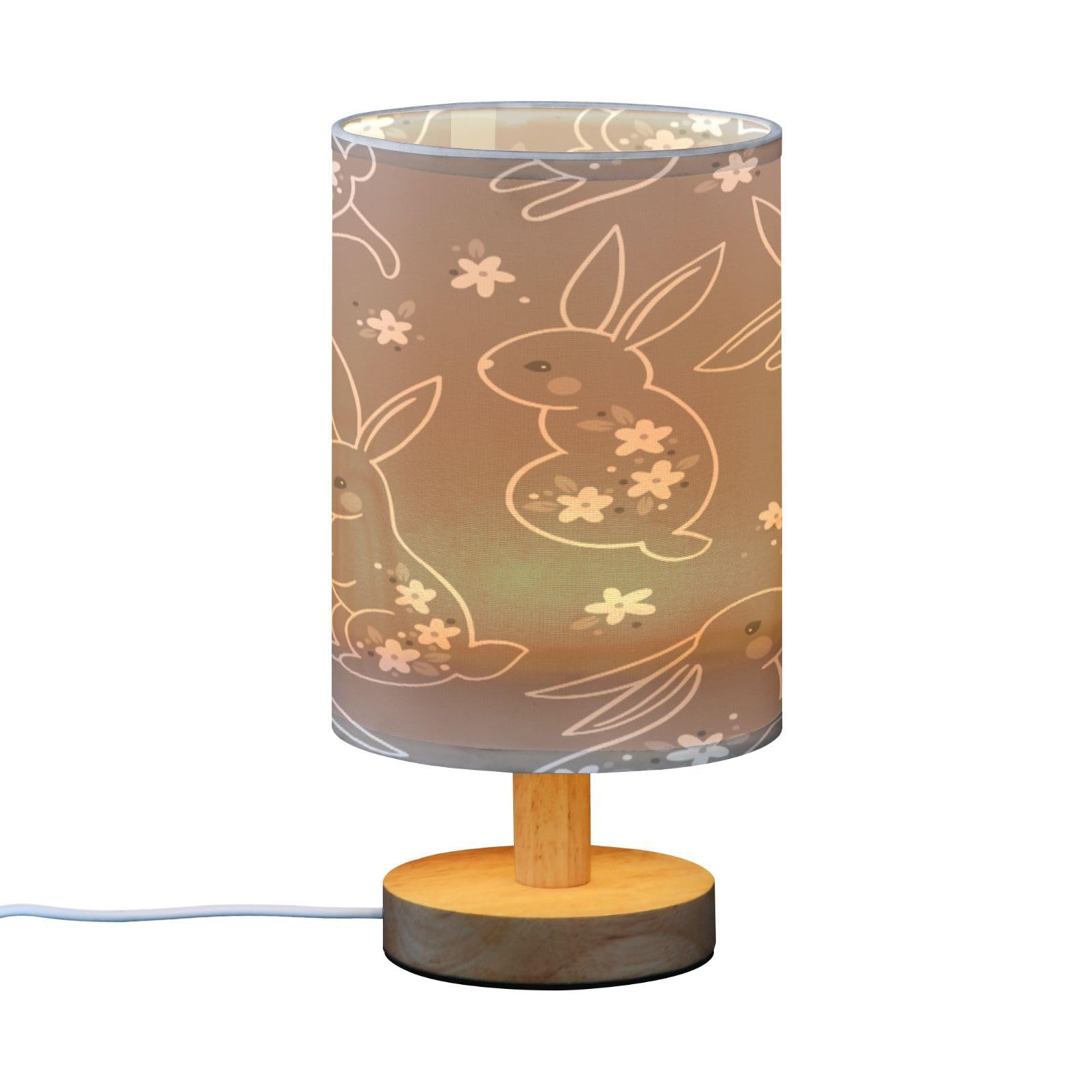 SDMKA Easter Bunny Brown Bedside Table Lamp for Bedroom, Minimalist Nightstand Lamp with Round Fabric Shade for Living Room, Office, No Bulb Required