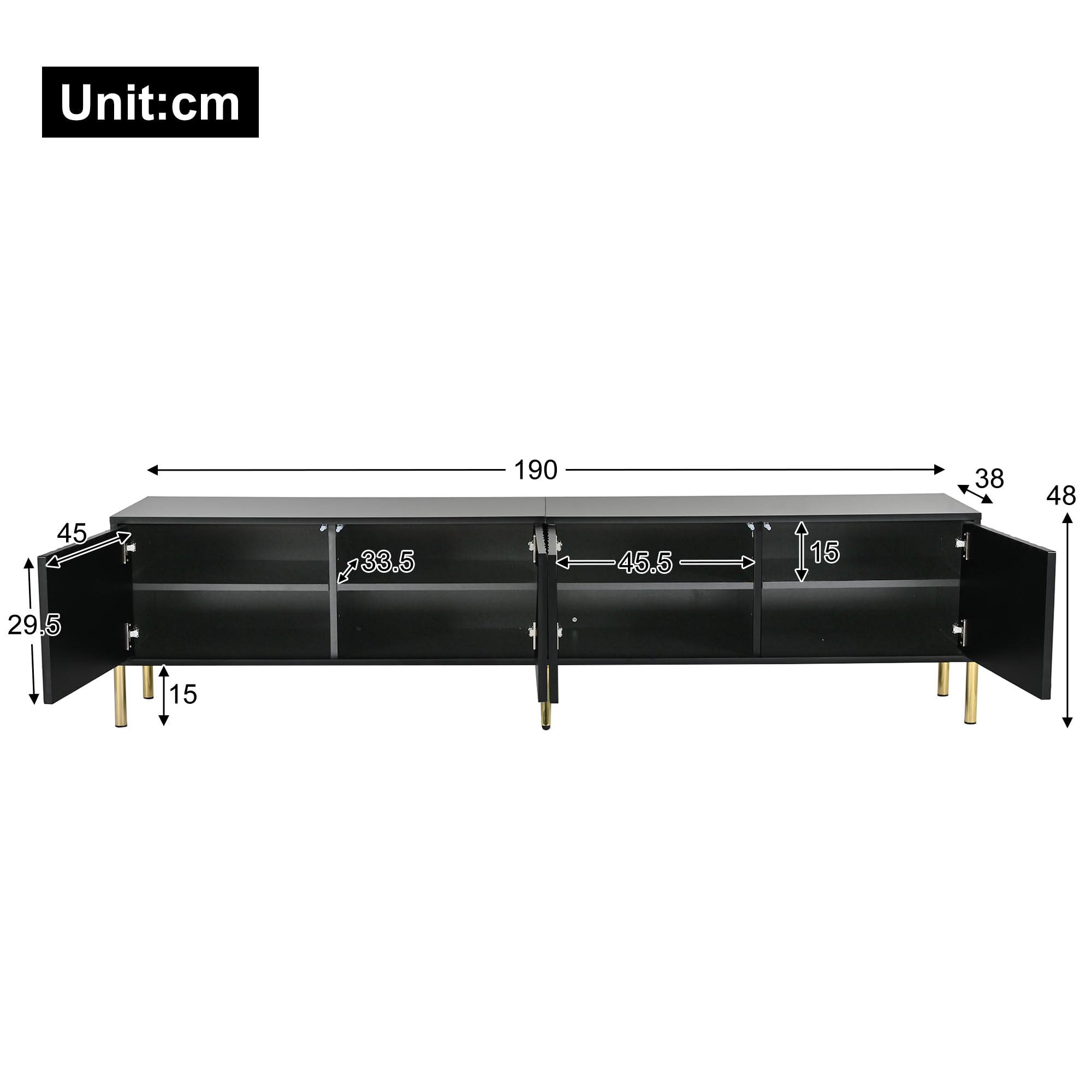 Mobile TV nero, per soggiorno, 190 cm (lunghezza) x 38 cm (larghezza) x 48 cm (altezza), gambe dorate