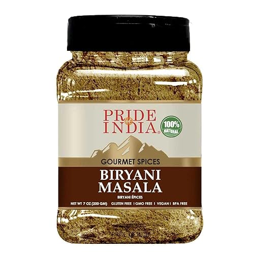 Pride Of India Especias indias Biryani Masala condimento Tarro mediano doble tamiz de 7 onzas Fácil de usar Ideal para pilaf de verduras y carne