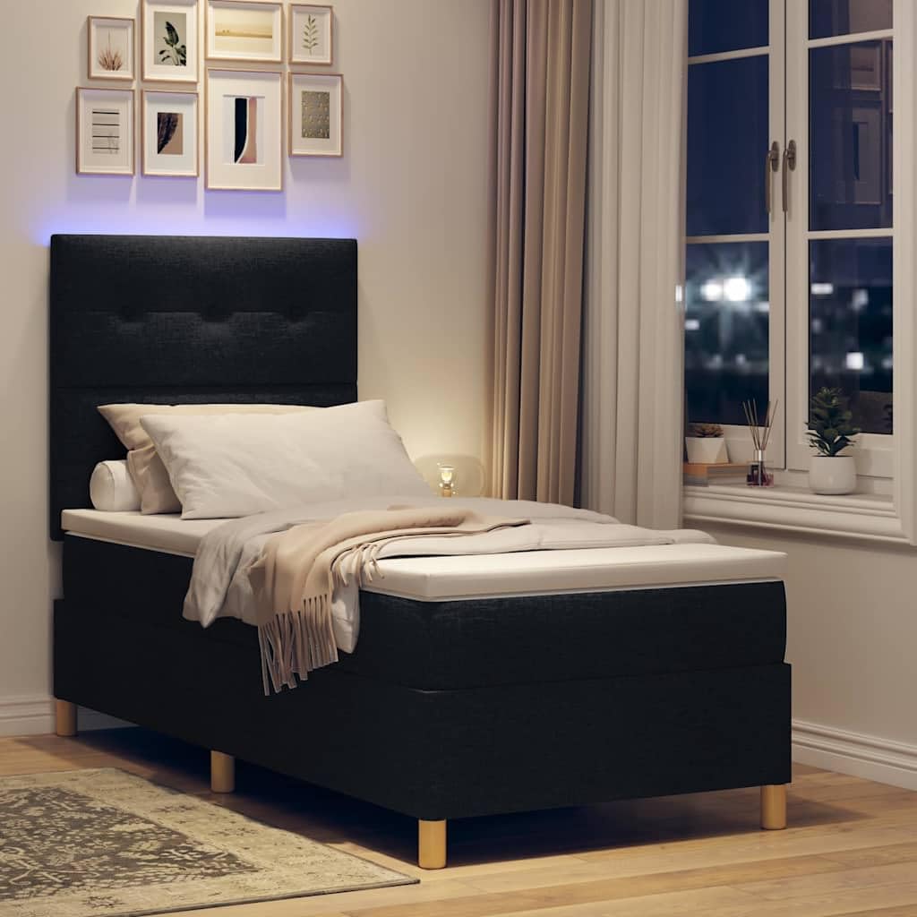 Cama con somier LED con cabecero negro, 80 x 200 cm, tela, cama de madera maciza, cama individual con tiras LED RGB, cabecero ajustable, colchón transpirable