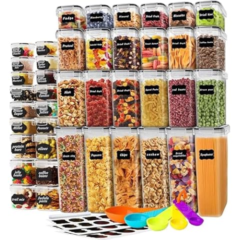 stusgo 42 Pack Airtight Food Storage Containers with Lids, Plastic Kitchen and Organization Canisters for Cereal, Flour and Sugar, Includes Spoons, Labels and a Pen Cover